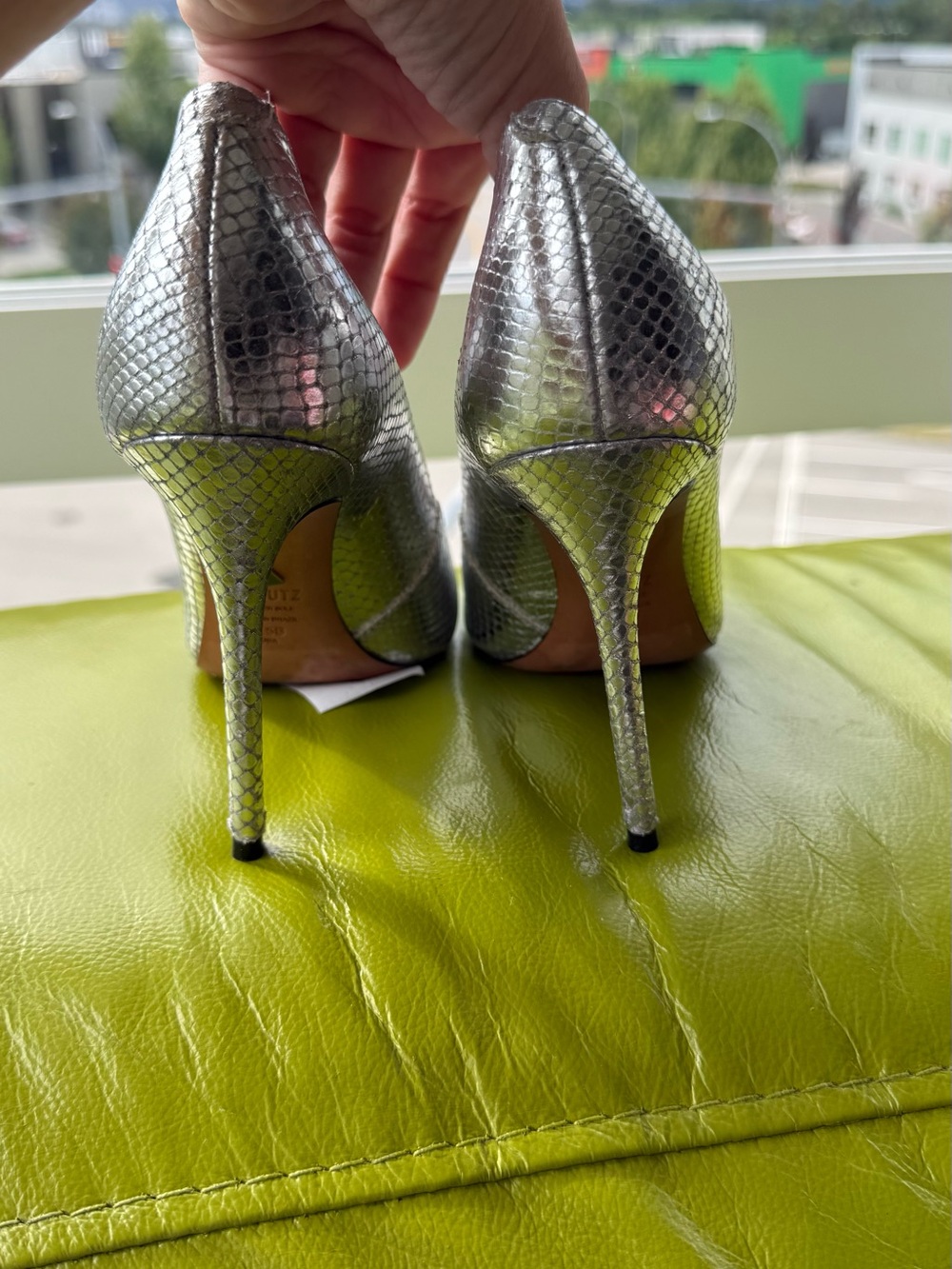 SCHUTZ Metallic Silver Snake-Embossed Pointed Toe Pumps - Picture 3 of 5